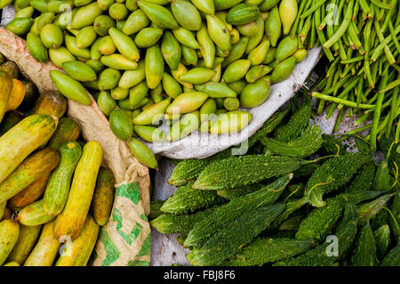 Bitter Melonen, Gurken und Longbeans auf dem indischen Markt Stockfoto