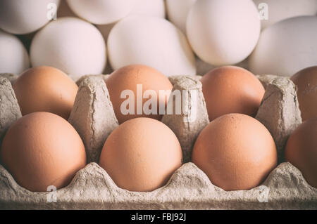 Braunen Eiern im Paket auf weißen Eiern Hintergrund Stockfoto