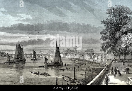 Die Aussicht von der Flussterrasse des Somerset House in Richtung Westminster, London, England, 18. Jahrhundert Stockfoto