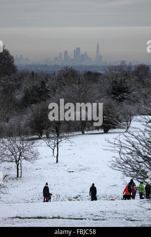 Epsom Downs, Surrey, UK. 17. Januar 2016. Über Nacht Schneefall verlassen eine weißen Schneedecke in Epsom Downs, die den ganzen Tag geblieben. Als Teil der North Downs in Surrey Epsom Downs ist bei einer etwas größeren Höhe als das umliegende Gebiet und hat oft die Deckung, wenn die nahe gelegenen Stadt schneefrei ist. Die City of London etwa 15 Meilen ist Weg in der Ferne sichtbar. Stockfoto