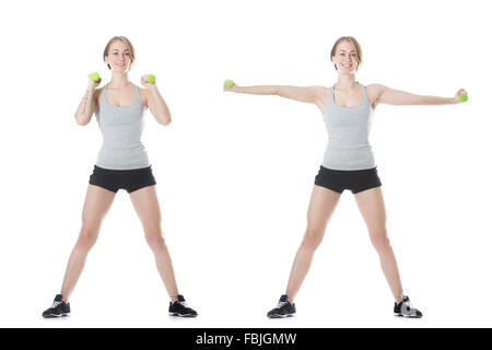 Porträt des jungen schlanken fröhlichen attraktive Frau dabei Hantel Training, voller Länge isoliert Studio Bild auf weißem Hintergrund Stockfoto