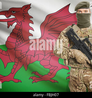 Soldat mit Maschinengewehr und Nationalflagge auf Hintergrund-Serie - Wales Stockfoto