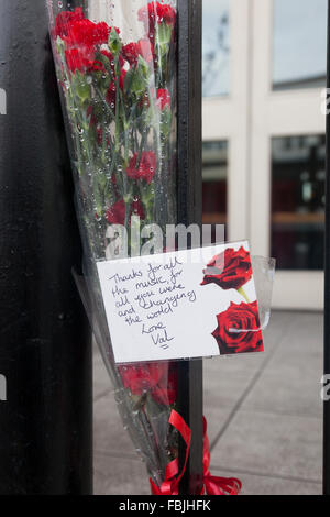 David Bowie, Gedenkfeiern außerhalb der ehemaligen drei Tuns Public House, Beckenham, London, UK, nach seinem Tod im Januar 2016. Stockfoto