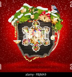 Hölzerne Banner mit Fell-Weihnachtsbaum Äste. Stock Vektor
