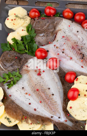 Rohe Turbot Fisch und Kartoffeln Stockfoto