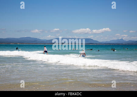 Wategos Strand in Byron Bay, new-South.Wales, Australien. Ein beliebter Strand für Surfer und Surfen. Stockfoto