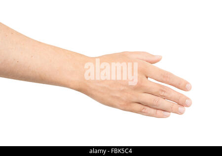 Leere offene Mann Hand auf weißem Hintergrund Stockfoto
