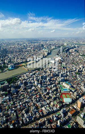 Die Vogelperspektive eines Teils des Tokyo Megacity aus Tokyo Sky Tree am Nachmittag in Tokio, Japan. Stockfoto