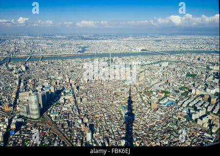 Die Vogelperspektive eines Teils des Tokyo Megacity aus Tokyo Sky Tree am Nachmittag in Tokio, Japan. Stockfoto