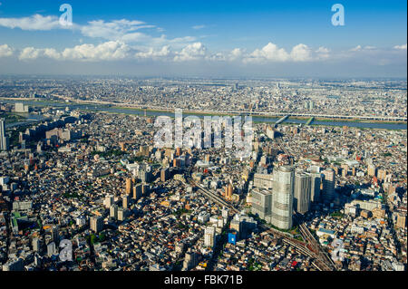 Die Vogelperspektive eines Teils des Tokyo Megacity aus Tokyo Sky Tree am Nachmittag in Tokio, Japan. Stockfoto