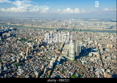Die Vogelperspektive eines Teils des Tokyo Megacity aus Tokyo Sky Tree am Nachmittag in Tokio, Japan. Stockfoto