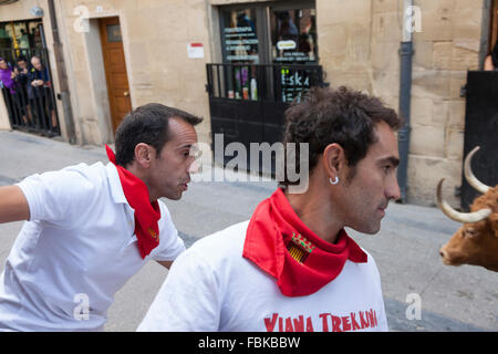 Einheimische Männer kurz vor einem Stier laufen der Stiere in Viana während der Fiestas De La Virgen de Nieva - Navarra, Spanien. Stockfoto