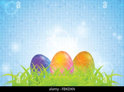 Grasgrün und polygonale Ostereier auf blaue Quadrate Hintergrund. Vektor-Grußkarte-Grafik-design Stock Vektor