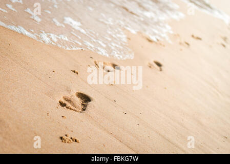 Menschliche Spuren im nassen Sand am Strand an einem sonnigen Tag Stockfoto