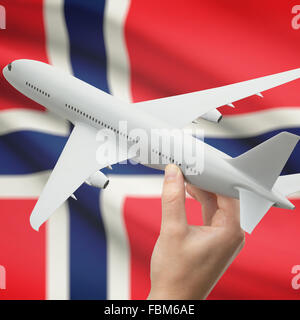 Flugzeug in der Hand mit Nationalflagge auf Hintergrund-Serie - Norwegen Stockfoto