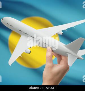 Flugzeug in der Hand mit Nationalflagge auf Hintergrund-Serie - Palau Stockfoto