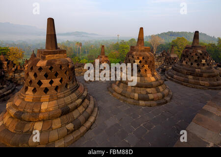 Die wunderschönen Stupas des Borobudur Tempelkomplexes, Yogyakarta, Indonesien. Borobudur ist der größte buddhistische Tempel der Welt. Stockfoto