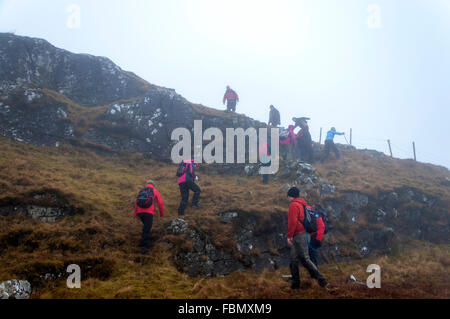 Wanderer im Nebel auf gemeinsamen Bergen hinter Ardara, County Donegal, Irland Stockfoto