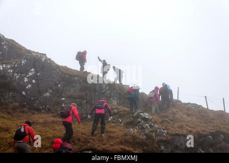 Wanderer im Nebel auf gemeinsamen Bergen hinter Ardara, County Donegal, Irland Stockfoto