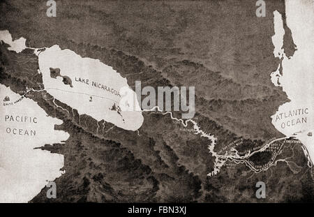 Eine 1870-Karte zeigt die vorgeschlagene Route des The Nicaragua-Kanals, eine geplante Shipping-Route durch Nicaragua, das Karibische Meer und damit den Atlantik mit dem Pazifik zu verbinden. Stockfoto