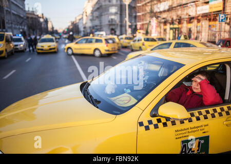 Budapest, Ungarn. 18. Januar 2016. Taxi-Protest gegen Uber Anwendung in Budapest, Ungarn. 2016. Januar 18. Bildnachweis: Zsolt Üveges/Alamy Live-Nachrichten Stockfoto