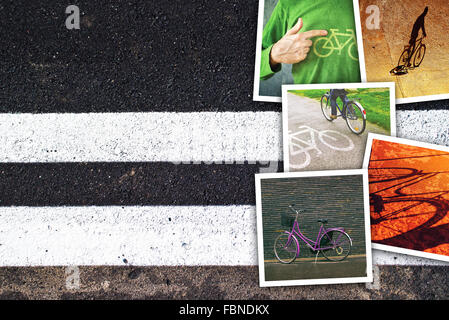 Fahrrad Bilder Collage, Fotostapel Fahrrad auf Asphaltstraße als textfreiraum für Radfahrer Lifestyle Themen Bild. Stockfoto