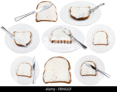 Satz von Korn-Brot und Käse verbreiten Sandwiches isoliert auf weißem Hintergrund Stockfoto