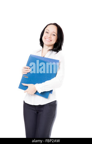 Büroangestellter, schöne junge Frau in weißem Hemd freundlich isoliert lächelnd mit blauen Dokument Fall Stockfoto