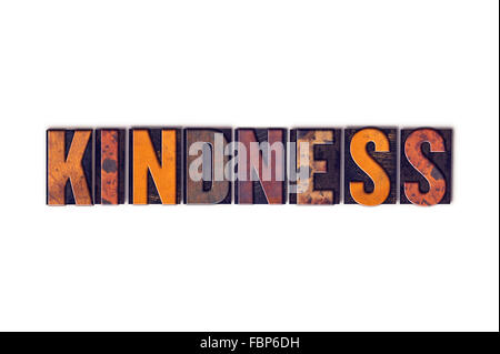 Das Wort "Freundlichkeit" geschrieben in isolierten Vintage Holz Buchdruck Typ auf einem weißen Hintergrund. Stockfoto