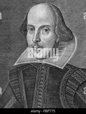 William Shakespeare, Portrait. Kupferstich von William Shakespeare von Martin Droeshout aus der Titelseite des ersten Blattes der gesammelten Werke, veröffentlicht im Jahre 1623 Stockfoto