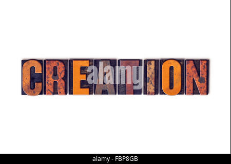 Das Wort "Creation" in isolierten Vintage Holz Buchdruck Typ auf einem weißen Hintergrund geschrieben. Stockfoto