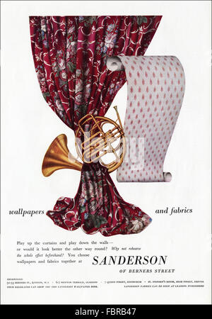 Original Vintage ganzseitige Farbe Anzeige aus der 1950er Jahre. Werbung von 1954 Werbung Sanderson Tapeten & Stoffe. Stockfoto