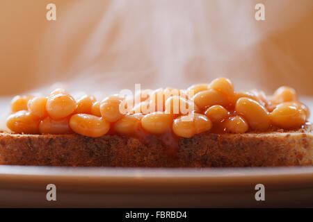 Gebackene Bohnen auf Toast mit Dampf steigt. Stockfoto