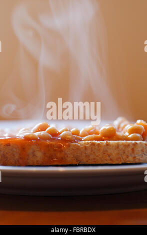 Gebackene Bohnen auf Toast mit Dampf steigt. Stockfoto