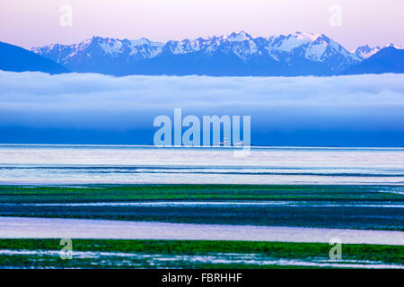 Rennen Sie, Felsen Leuchtturm und Olympic Mountains gesehen von Witty Lagune auf Vancouver Island, Kanada Stockfoto