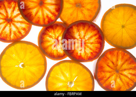 Orange Blut Scheiben, sizilianischen Orangen (Draufsicht) Stockfoto