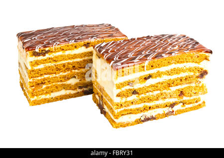 Köstliche Keks-Kuchen mit Honig und Datteln, die isoliert auf weißem Hintergrund Stockfoto