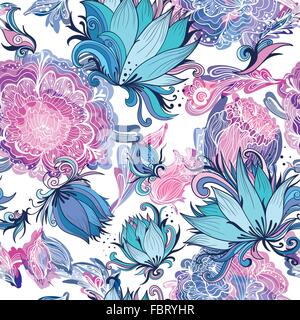 Nahtlose Textur in blau, rosa, lila und Türkis Farben mit Lotus, Lilie und Pfingstrose Blumen Stock Vektor