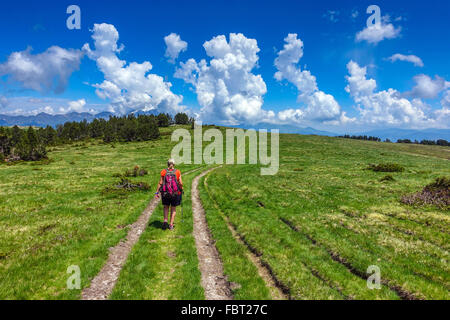 Weibliche Walker mit roten Rucksack auf Wanderweg mit Cumulus-Wolken Stockfoto