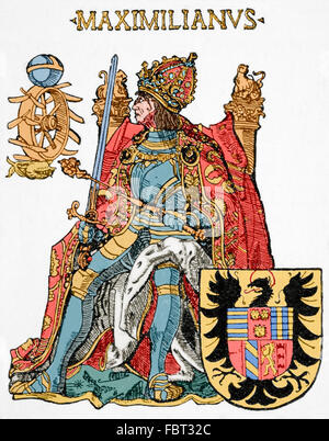 Maximilian ich (1459-1519). Kaiser des Heiligen Römischen Reiches (1486-1519). Gravur in "Historia Universal", 1881. Farbige. Stockfoto