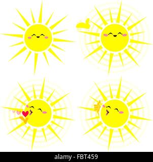 Ein Vektor Illustration Rudel eine glänzende glücklich gelbe Sonne in verschiedenen Posen. Stock Vektor