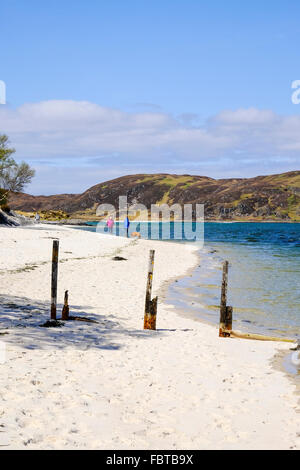 Paare, die ihren Hund an einem wunderschönen schottischen Strand Stockfoto