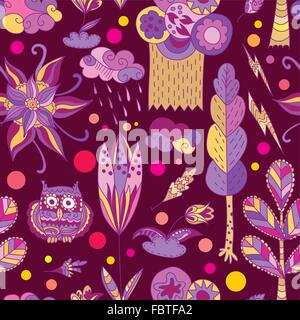 Kinder-Illustration mit Bäumen Eulen Wolken Blumen und Blätter Stock Vektor