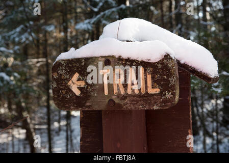 Hölzerne Wanderweg Seufzer mit Pfeil zeigt die Richtung der Wanderweg.  Die Wald-Szene im Winter zeigt Schnee auf der gr Stockfoto