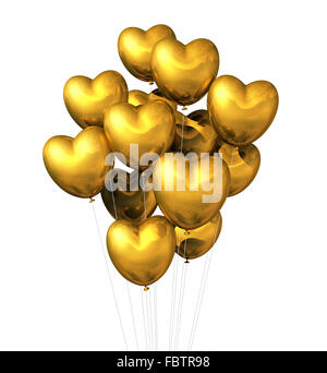 Gold herzförmige Luftballons isoliert auf weiss Stockfoto