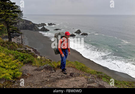 BRITISH COLUMBIA - Wanderer auf der West Coast Trail mit Blick auf den Pazifischen Ozean; nördlich von Nitinat verengt sich auf Vancouver Island. Stockfoto