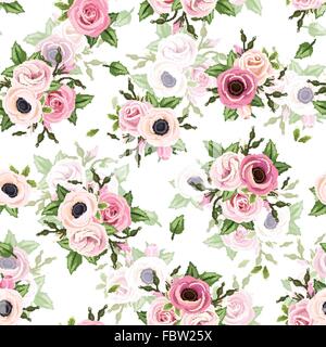 Nahtlose Muster mit rosa Rosen, Lisianthus und Anemone Blumen. Vektor-Illustration. Stock Vektor