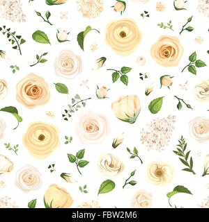 Nahtlose Muster mit weißen Blüten und grünen Blättern. Vektor-Illustration. Stock Vektor