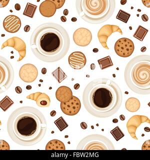 Nahtlose Hintergrund mit Kaffeetassen, Bohnen, Keksen, Croissants und Schokolade. Vektor-Illustration. Stock Vektor