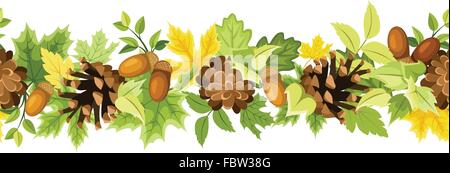 Horizontale nahtlose Hintergrund mit Herbst Blätter, Zapfen und Eicheln. Vektor-Illustration. Stock Vektor